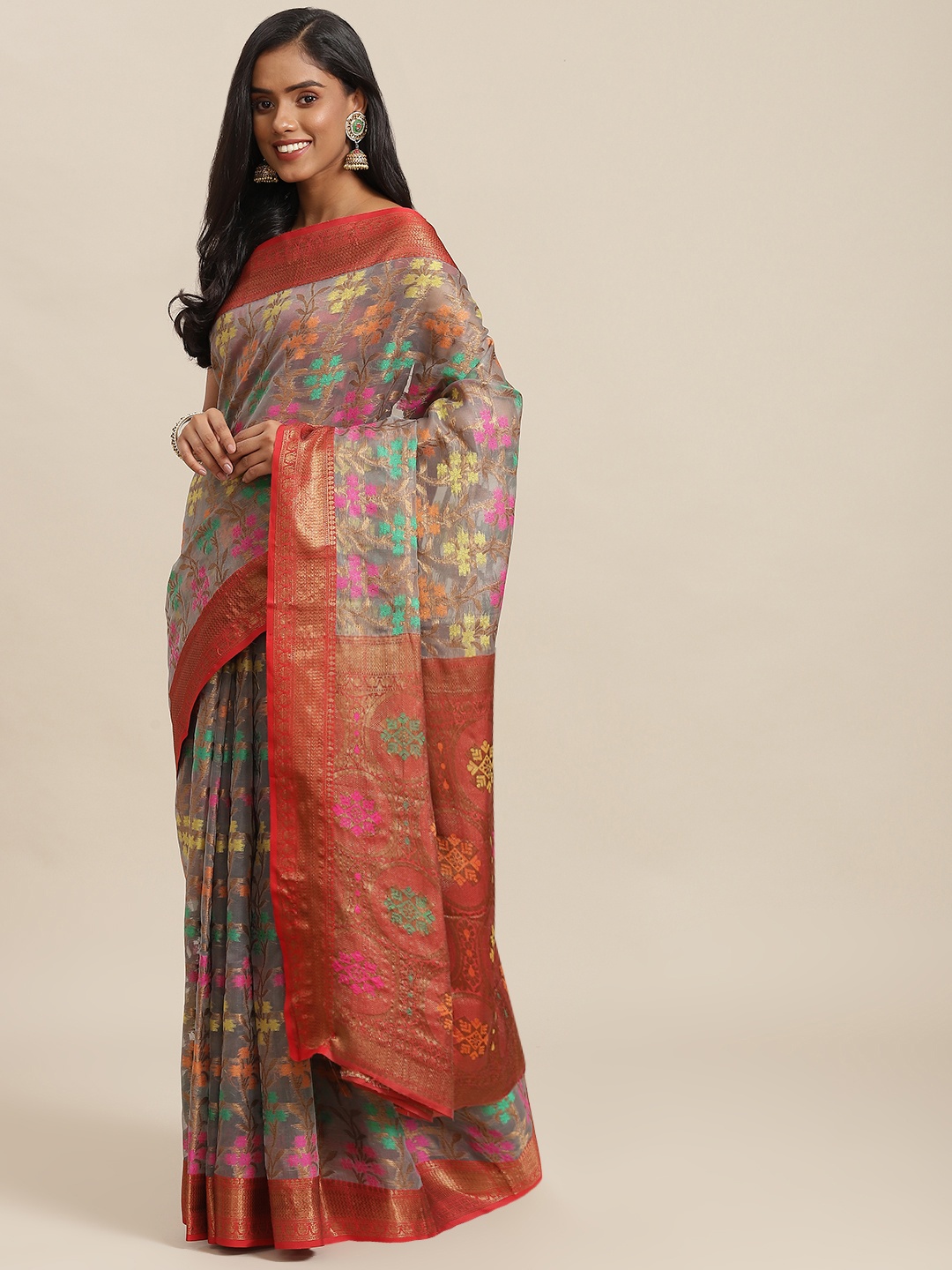 

SHOPGARB Maroon & Blue Ethnic Motifs Zari Woven Design Banarasi Saree