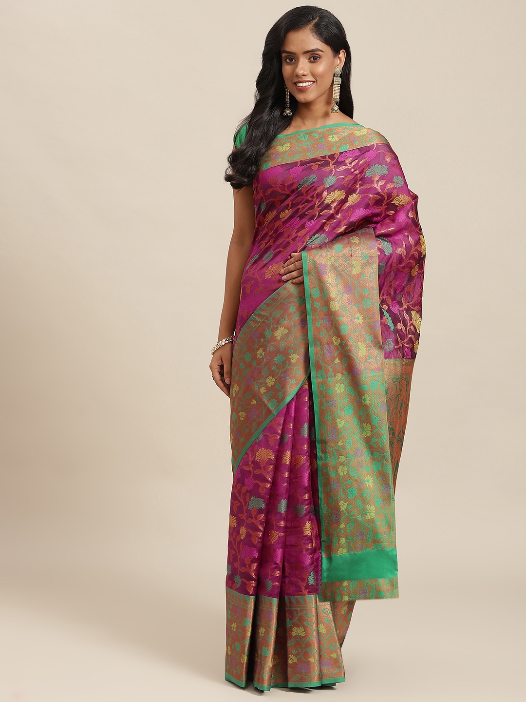

SHOPGARB Pink & Green Ethnic Motifs Zari Woven Design Banarasi Saree