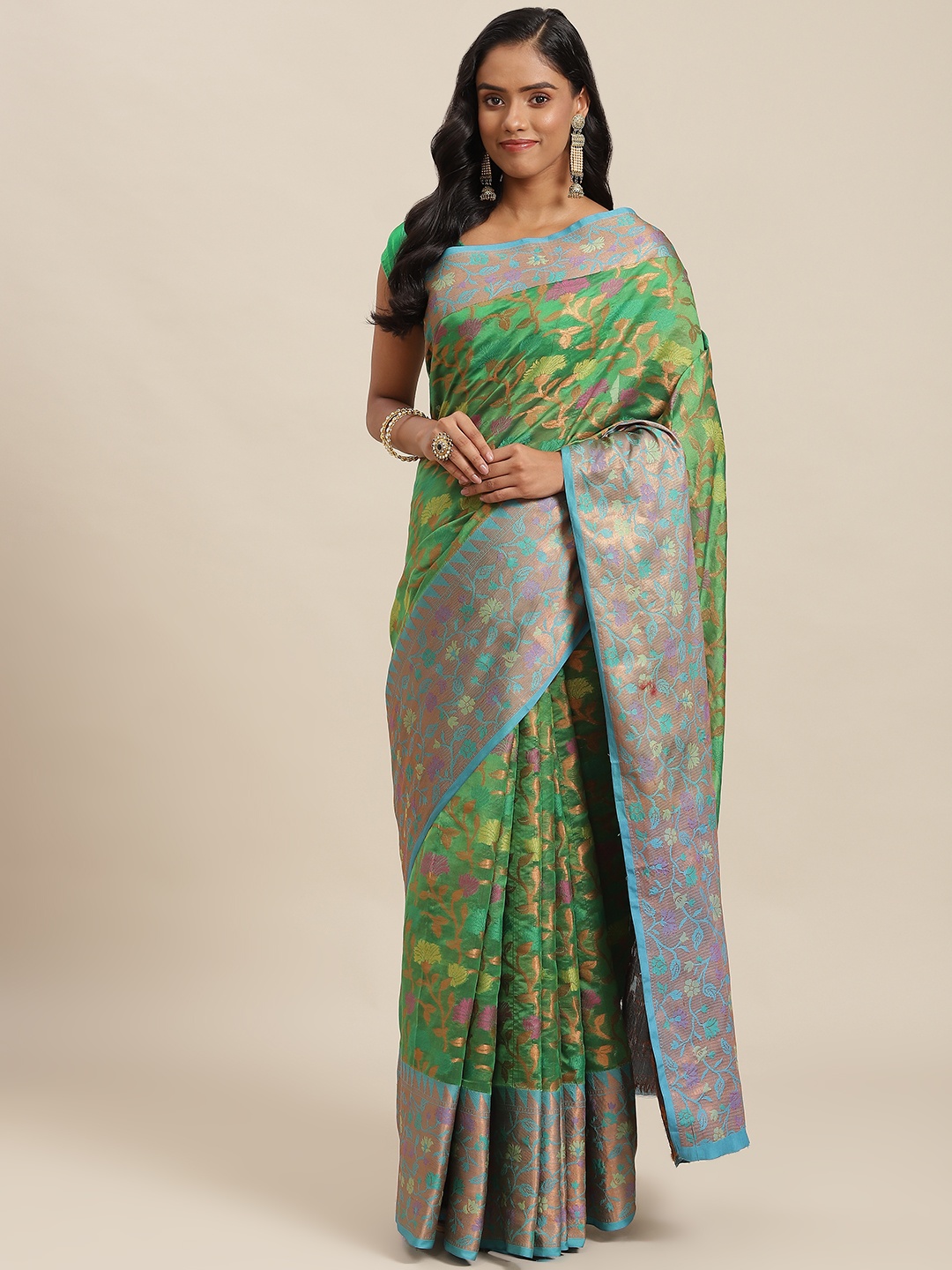 

SHOPGARB Green & Blue Ethnic Motifs Zari Silk Blend Banarasi Saree
