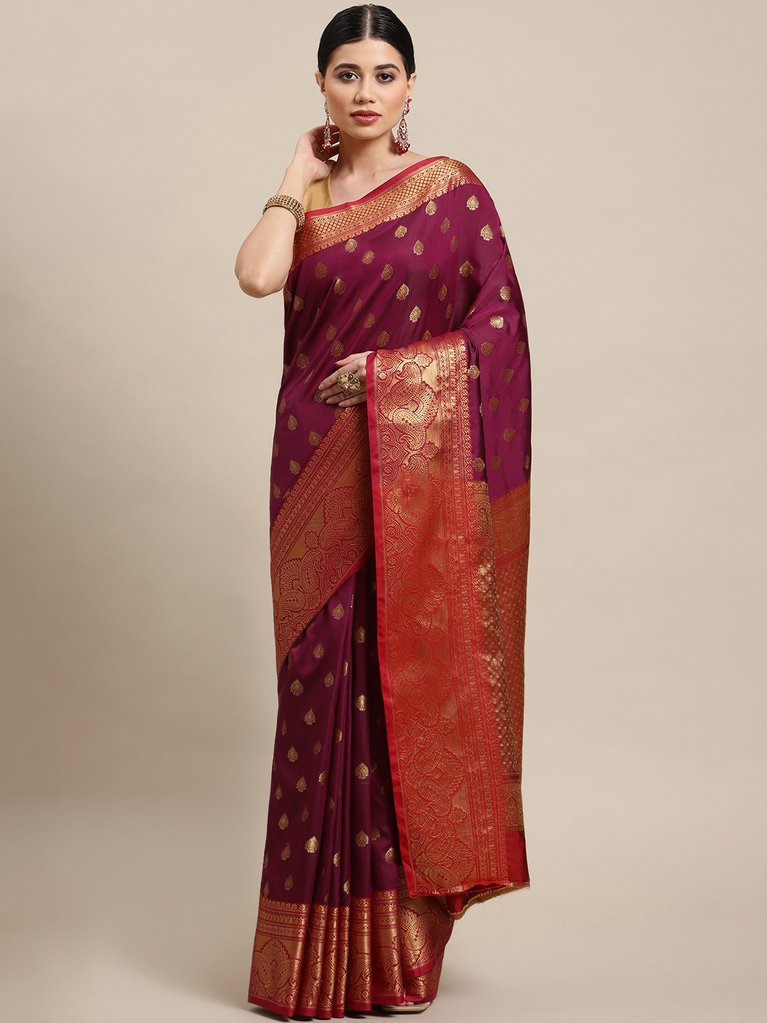 

SHOPGARB Burgundy & Golden Ethnic Motifs Zari Silk Blend Banarasi Saree