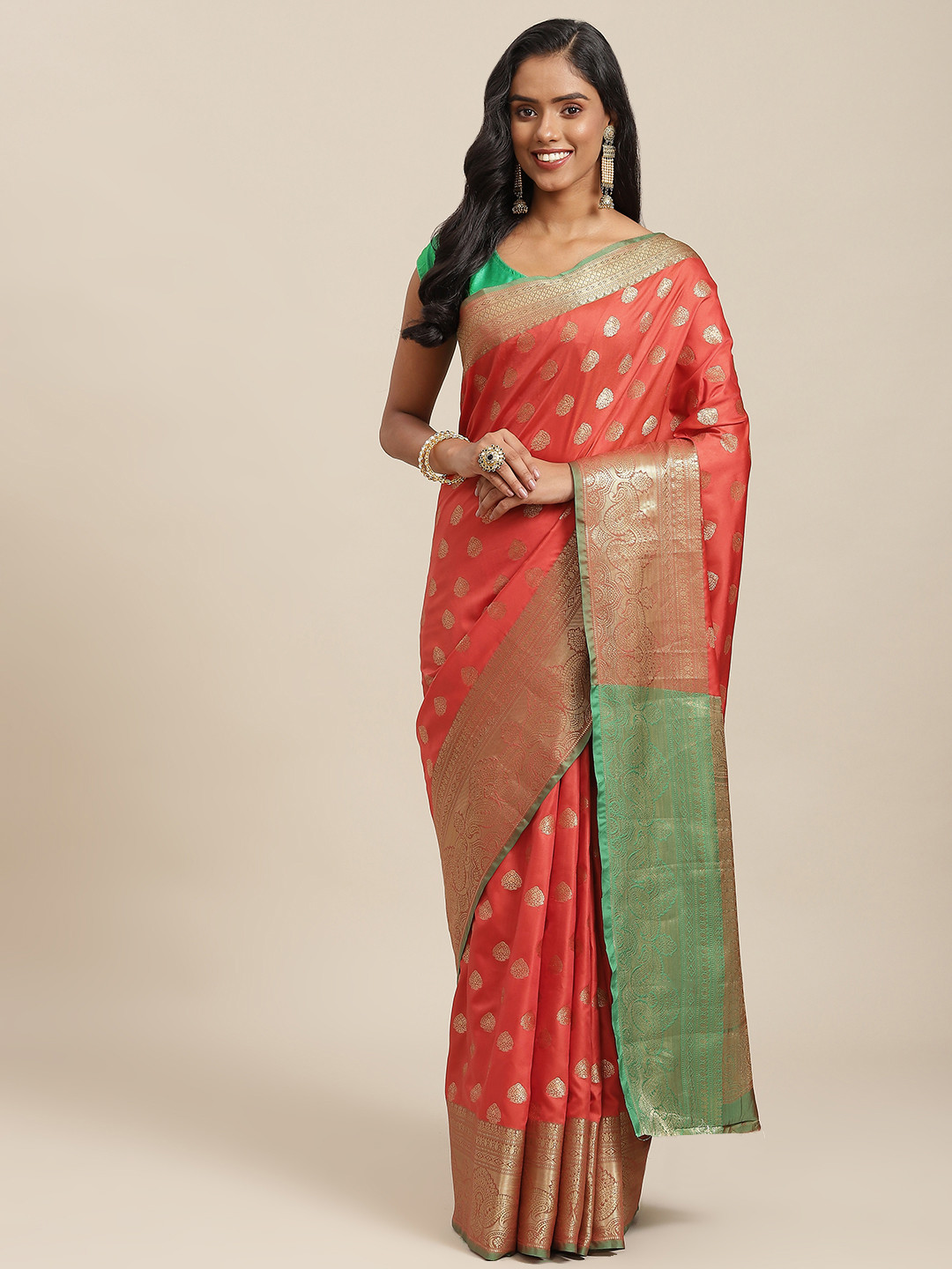 

SHOPGARB Orange & Green Ethnic Motifs Zari Woven Design Banarasi Saree
