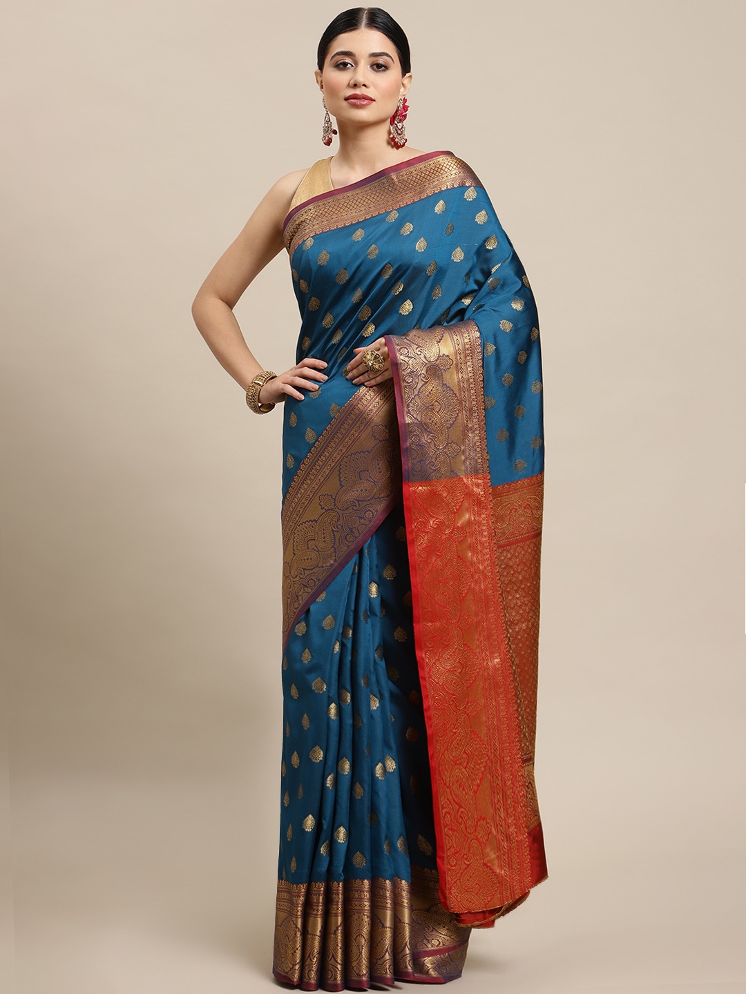 

SHOPGARB Blue & Golden Ethnic Motifs Zari Silk Blend Banarasi Saree