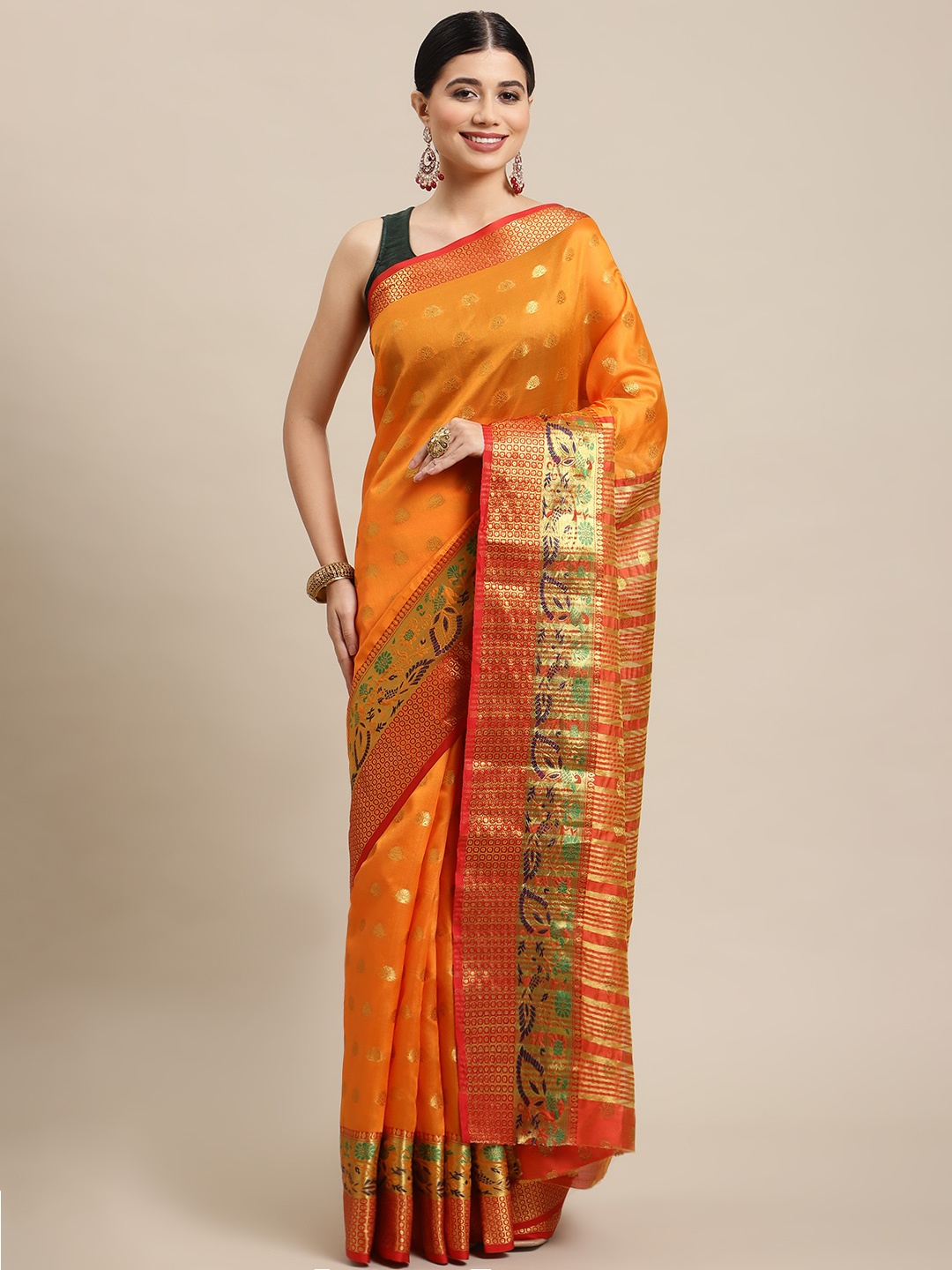 

SHOPGARB Orange & Golden Ethnic Motifs Zari Silk Blend Banarasi Saree