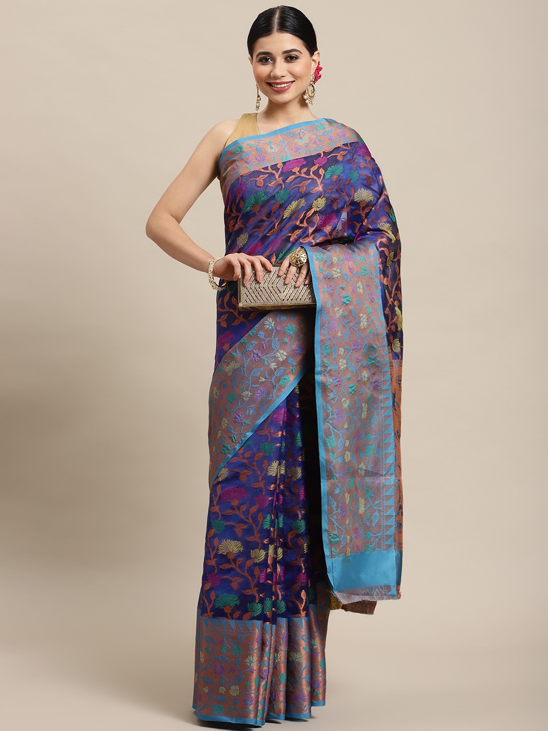 

SHOPGARB Blue & Rose Gold Ethnic Motifs Zari Silk Blend Banarasi Saree