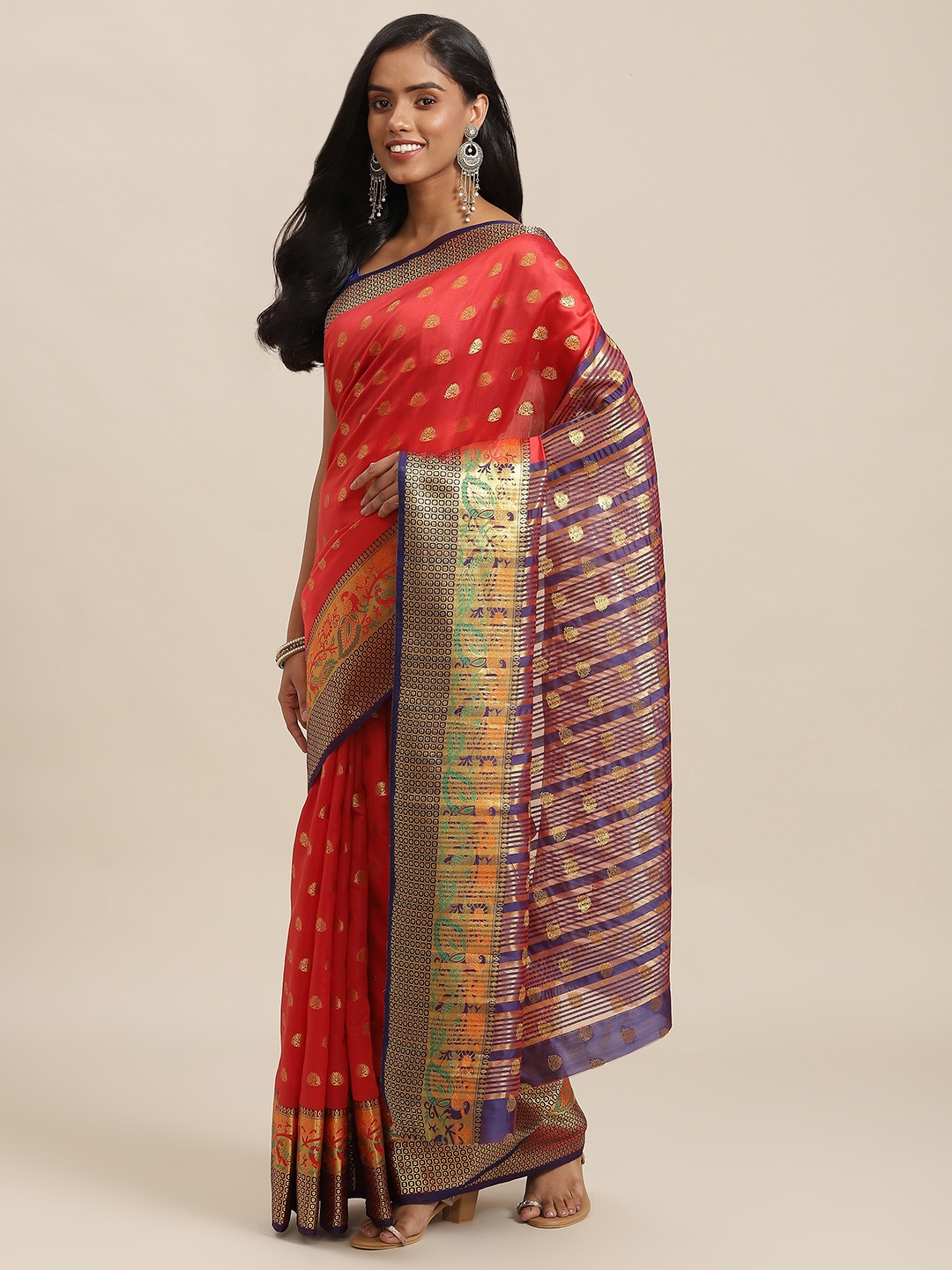 

SHOPGARB Maroon & Navy Blue Ethnic Motifs Zari Woven Design Banarasi Saree