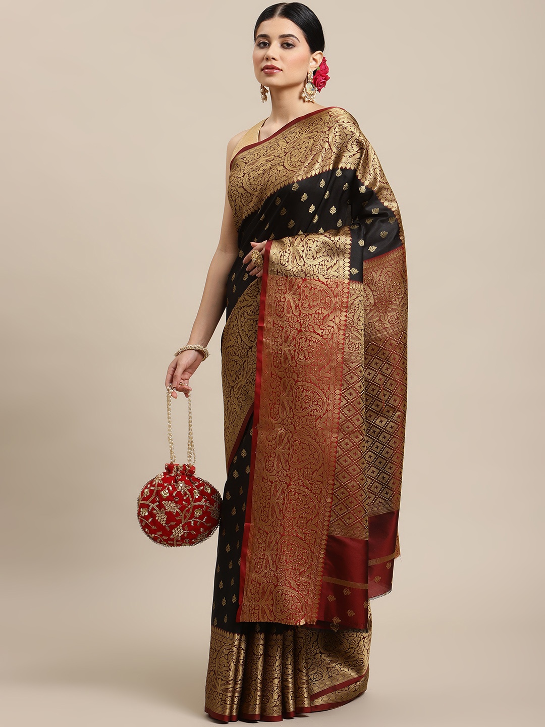 

SHOPGARB Black & Maroon Ethnic Motifs Zari Woven Design Banarasi Saree