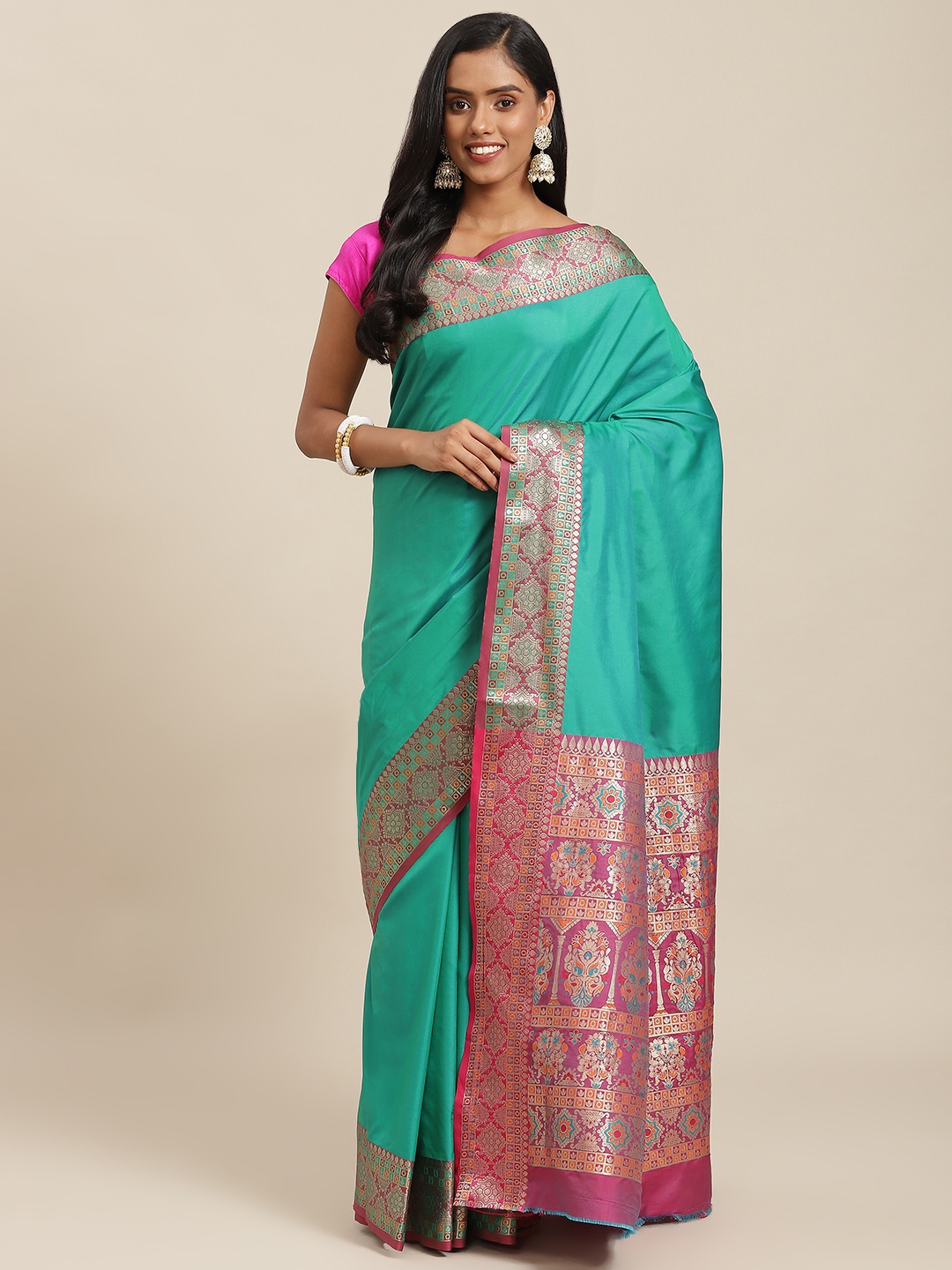 

SHOPGARB Blue & Pink Ethnic Motifs Zari Woven Design Banarasi Saree