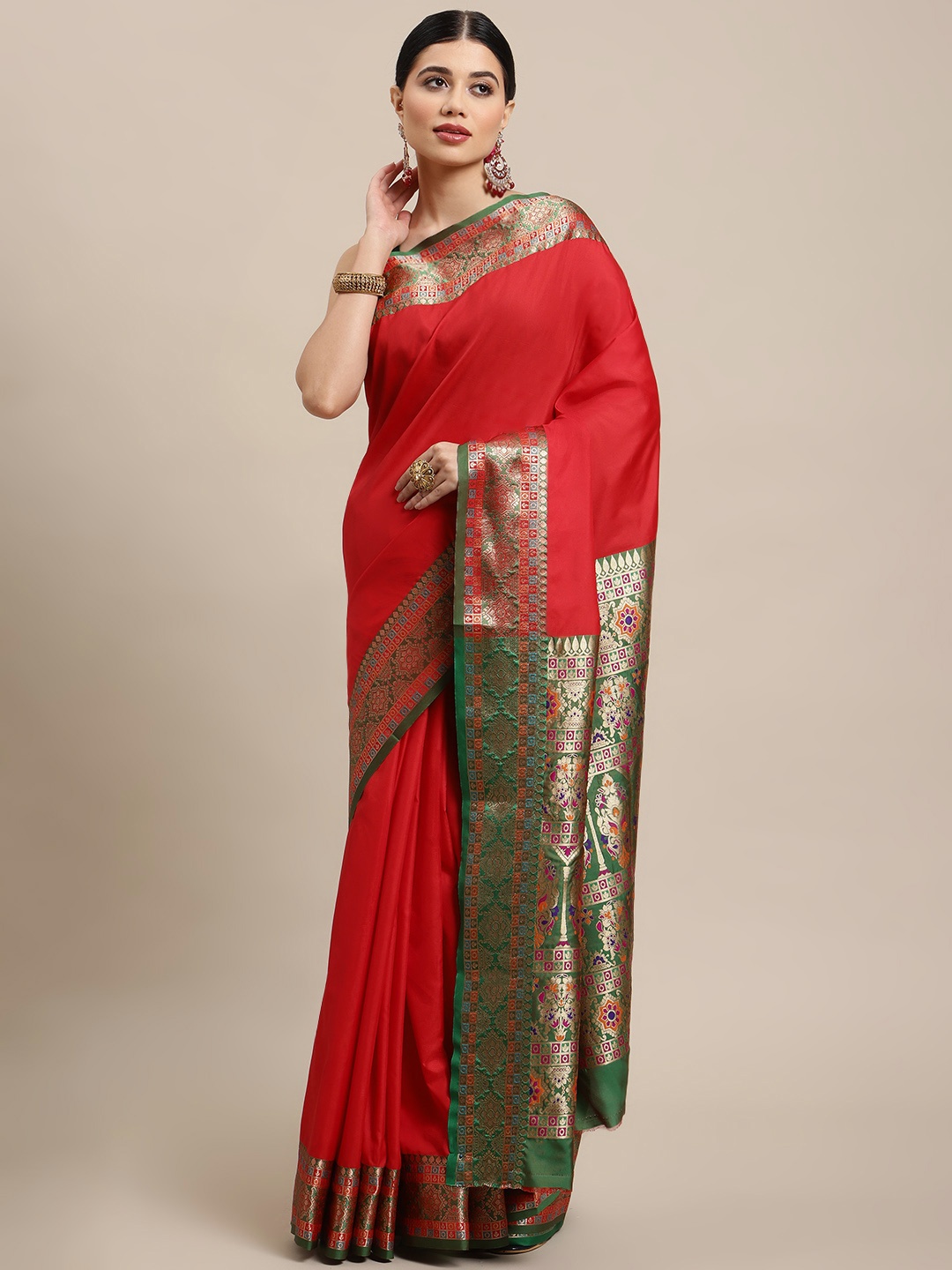 

SHOPGARB Red & Green Zari Silk Blend Banarasi Saree