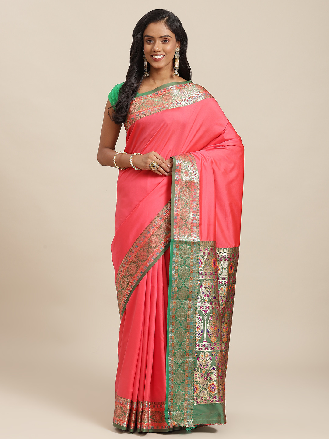 

SHOPGARB Pink & Green Ethnic Motifs Zari Woven Design Banarasi Saree