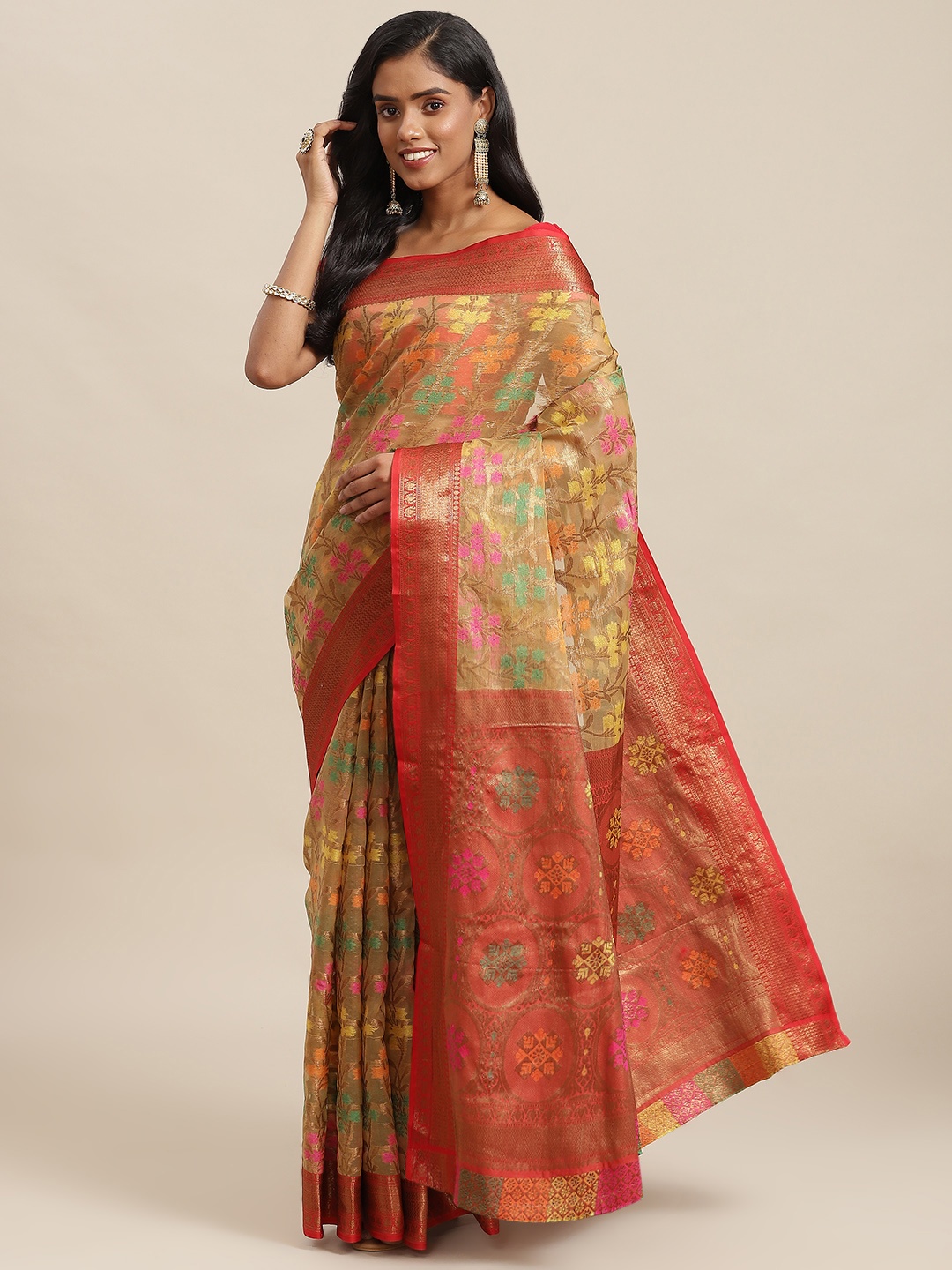 

SHOPGARB Maroon & Green Ethnic Motifs Zari Woven Design Banarasi Saree
