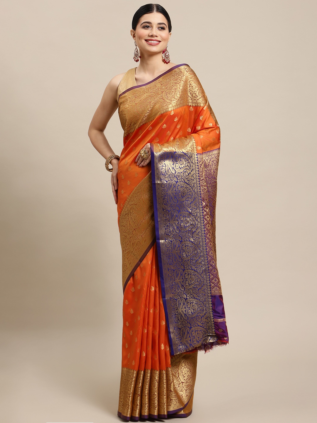 

SHOPGARB Orange & Golden Ethnic Motifs Zari Silk Blend Banarasi Saree