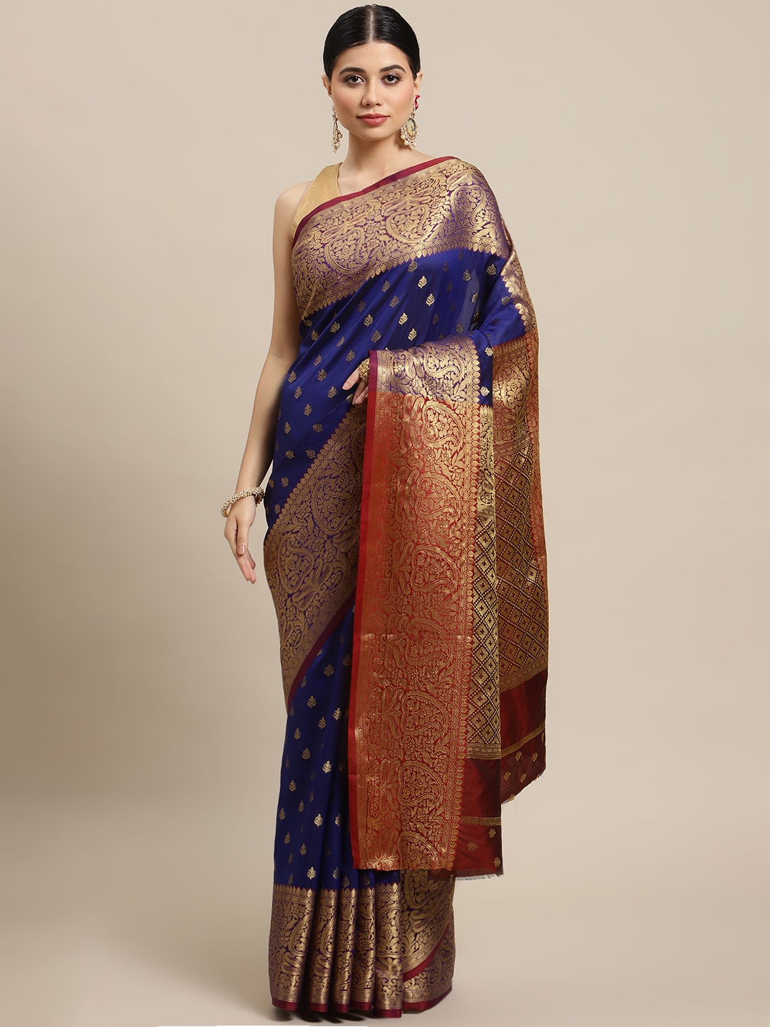 

SHOPGARB Blue & Golden Ethnic Motifs Zari Silk Blend Banarasi Saree