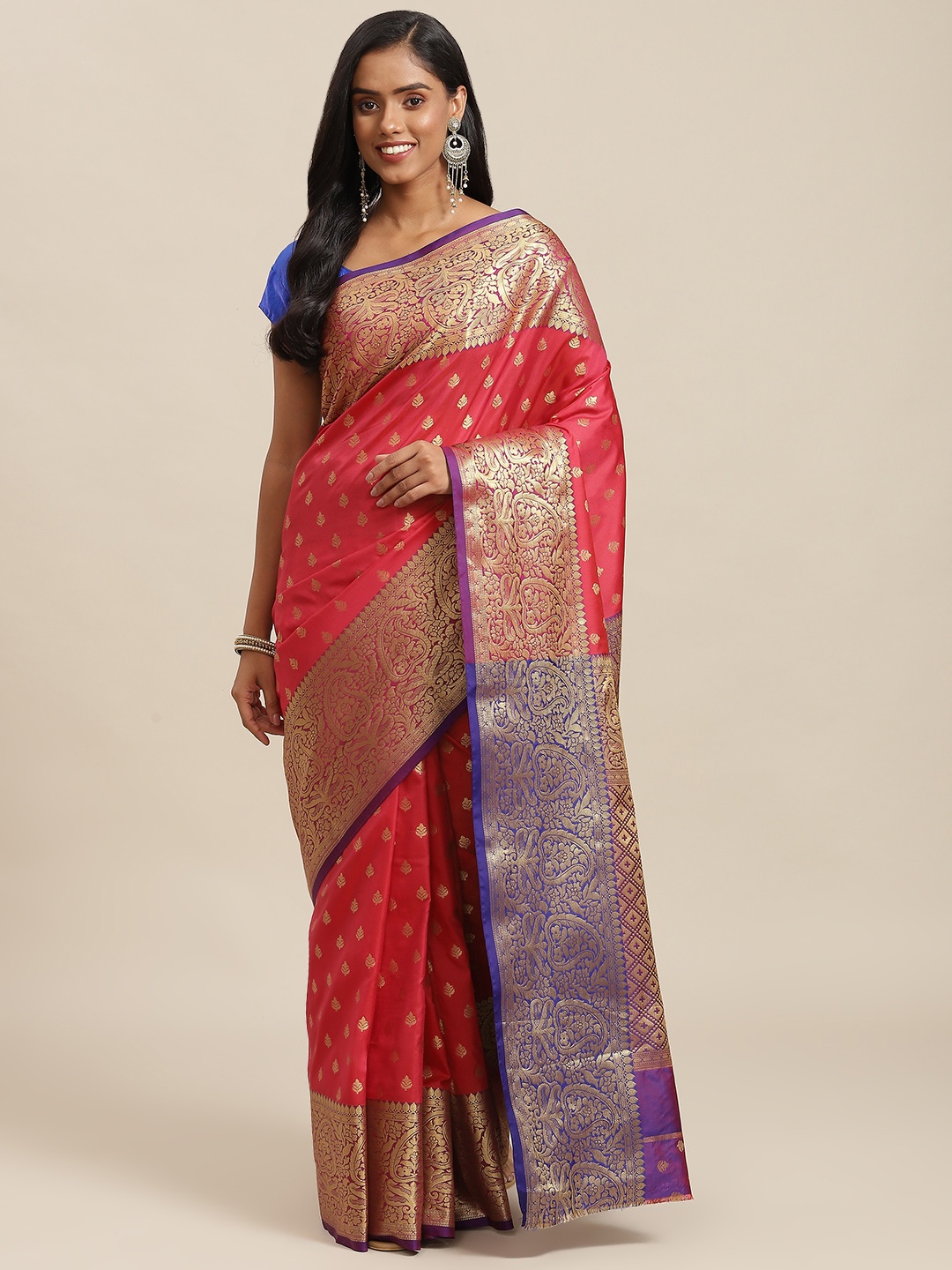 

SHOPGARB Coral Red & Purple Ethnic Motifs Zari Silk Blend Banarasi Saree