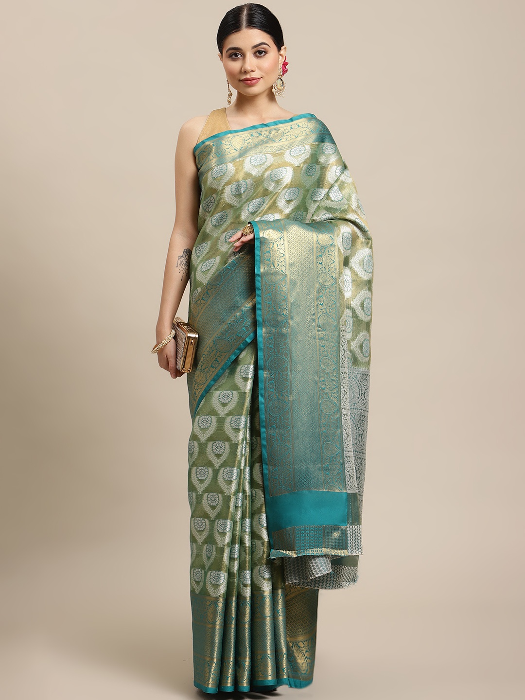 

SHOPGARB White & Teal Green Ethnic Motifs Zari Silk Blend Banarasi Saree