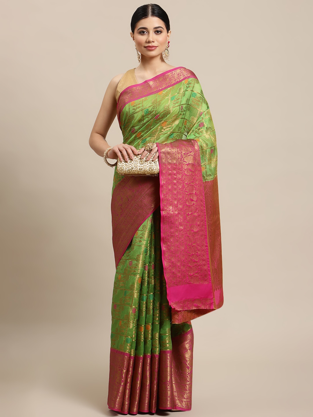 

SHOPGARB Green & Golden Ethnic Motifs Zari Silk Blend Banarasi Saree