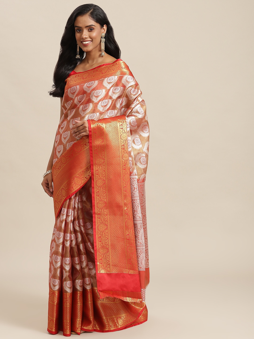 

SHOPGARB Cream-Coloured & Maroon Ethnic Motifs Zari Woven Design Banarasi Saree