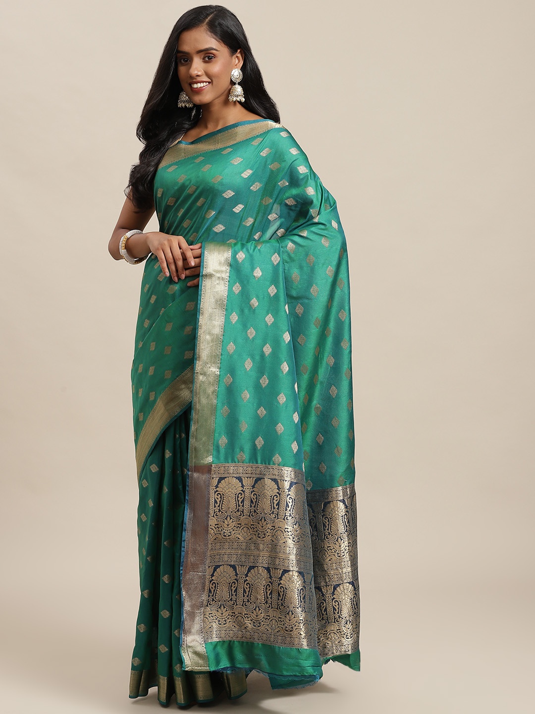 

SHOPGARB Green & Silver Ethnic Motifs Zari Woven Design Banarasi Saree