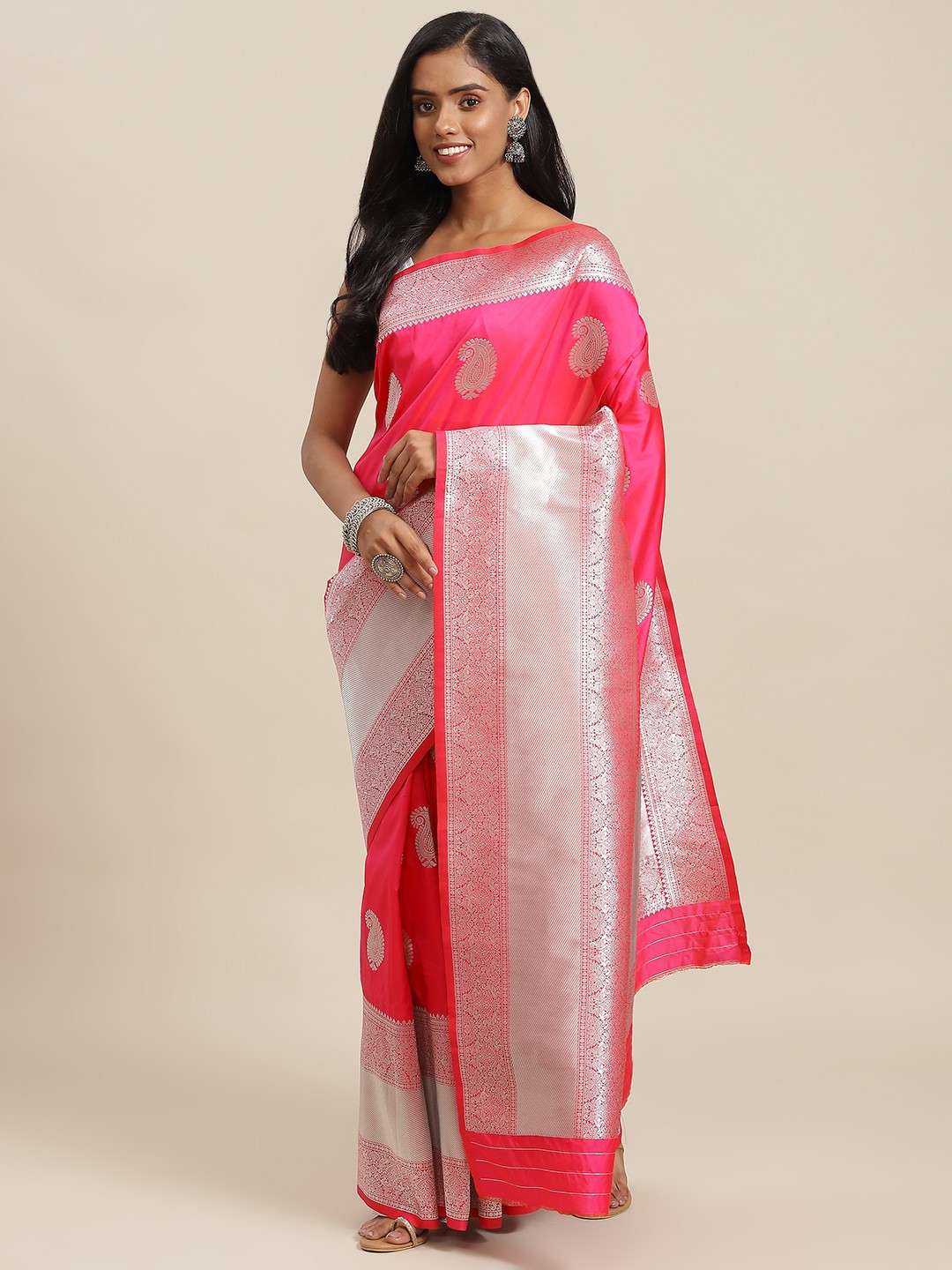 

SHOPGARB Pink & Silver Ethnic Motifs Zari Woven Design Banarasi Saree