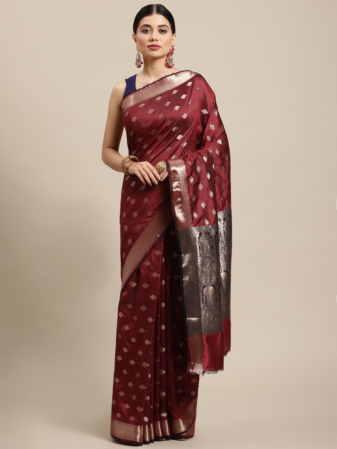 

SHOPGARB Maroon & Golden Ethnic Motifs Zari Silk Blend Banarasi Saree