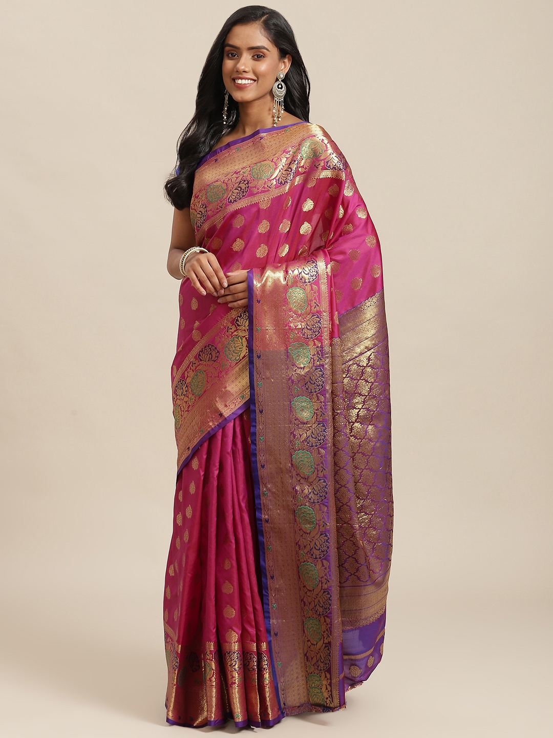 

SHOPGARB Pink & Purple Ethnic Motifs Zari Woven Design Banarasi Saree