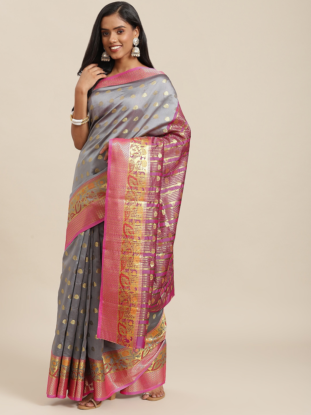 

SHOPGARB Grey & Pink Ethnic Motifs Zari Woven Design Banarasi Saree