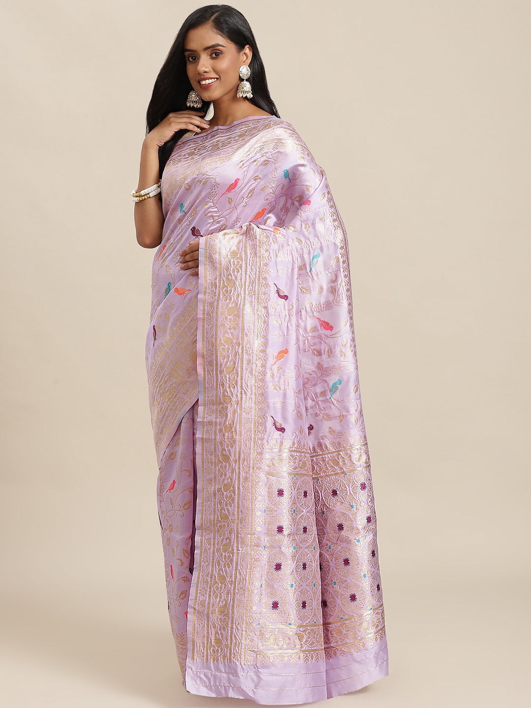 

SHOPGARB Lavender & Golden Ethnic Motifs Zari Woven Design Banarasi Saree