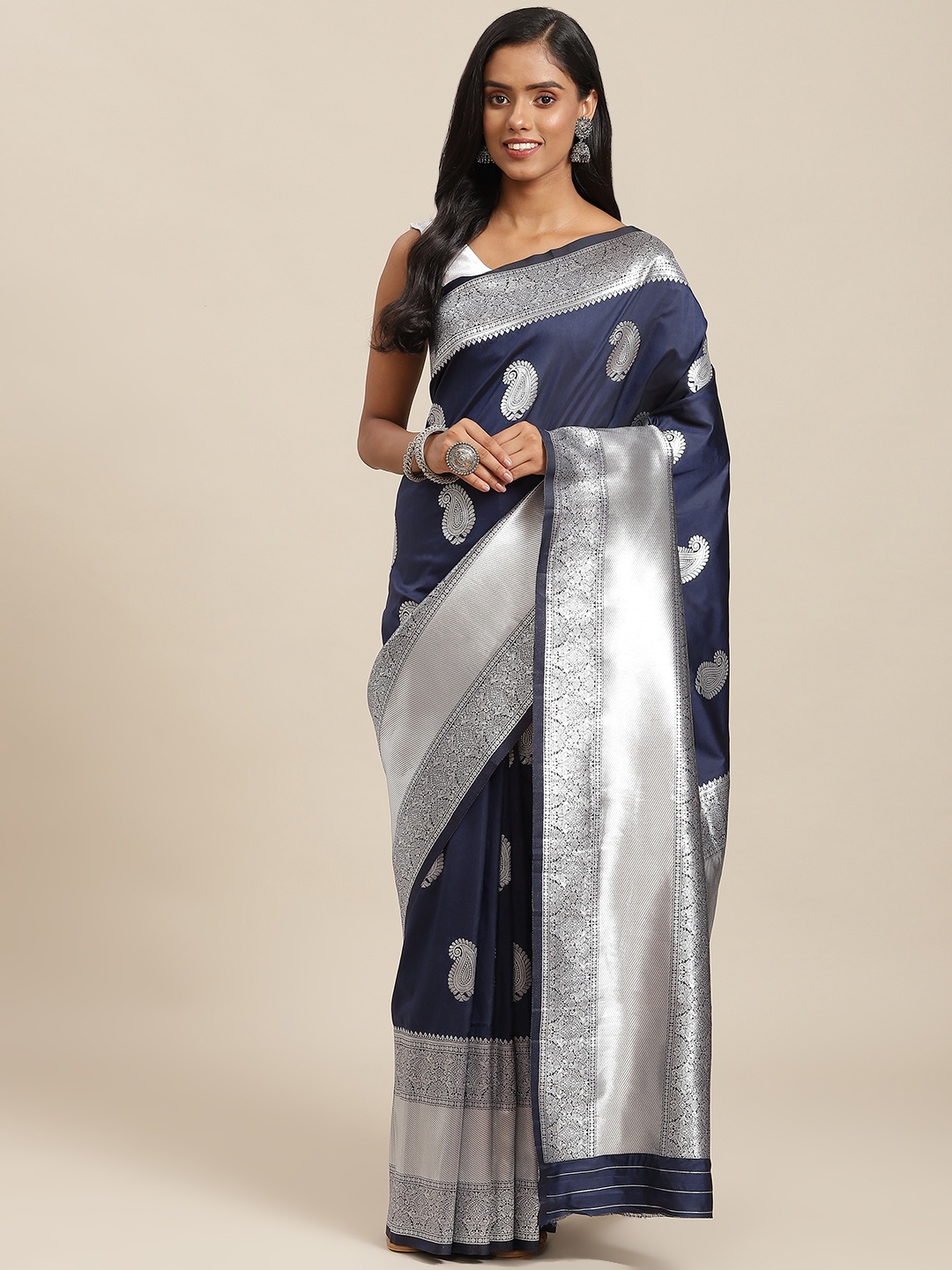 

SHOPGARB Navy Blue & Silver Ethnic Motifs Zari Woven Design Banarasi Saree