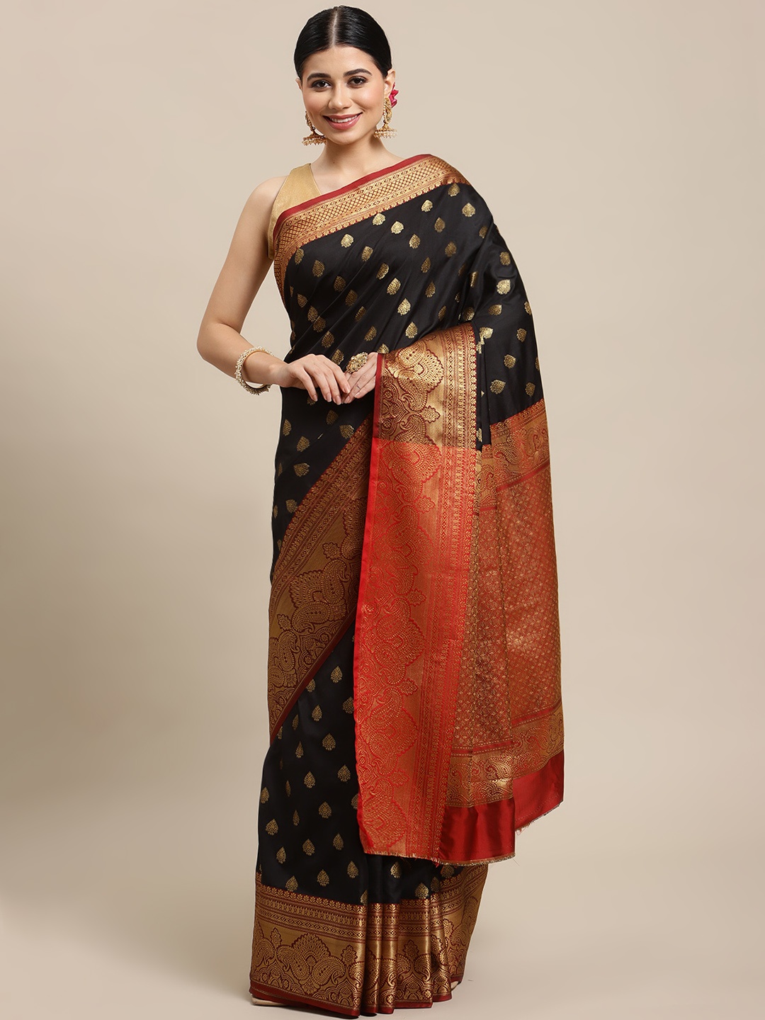 

SHOPGARB Black & Golden Ethnic Motifs Zari Silk Blend Banarasi Saree