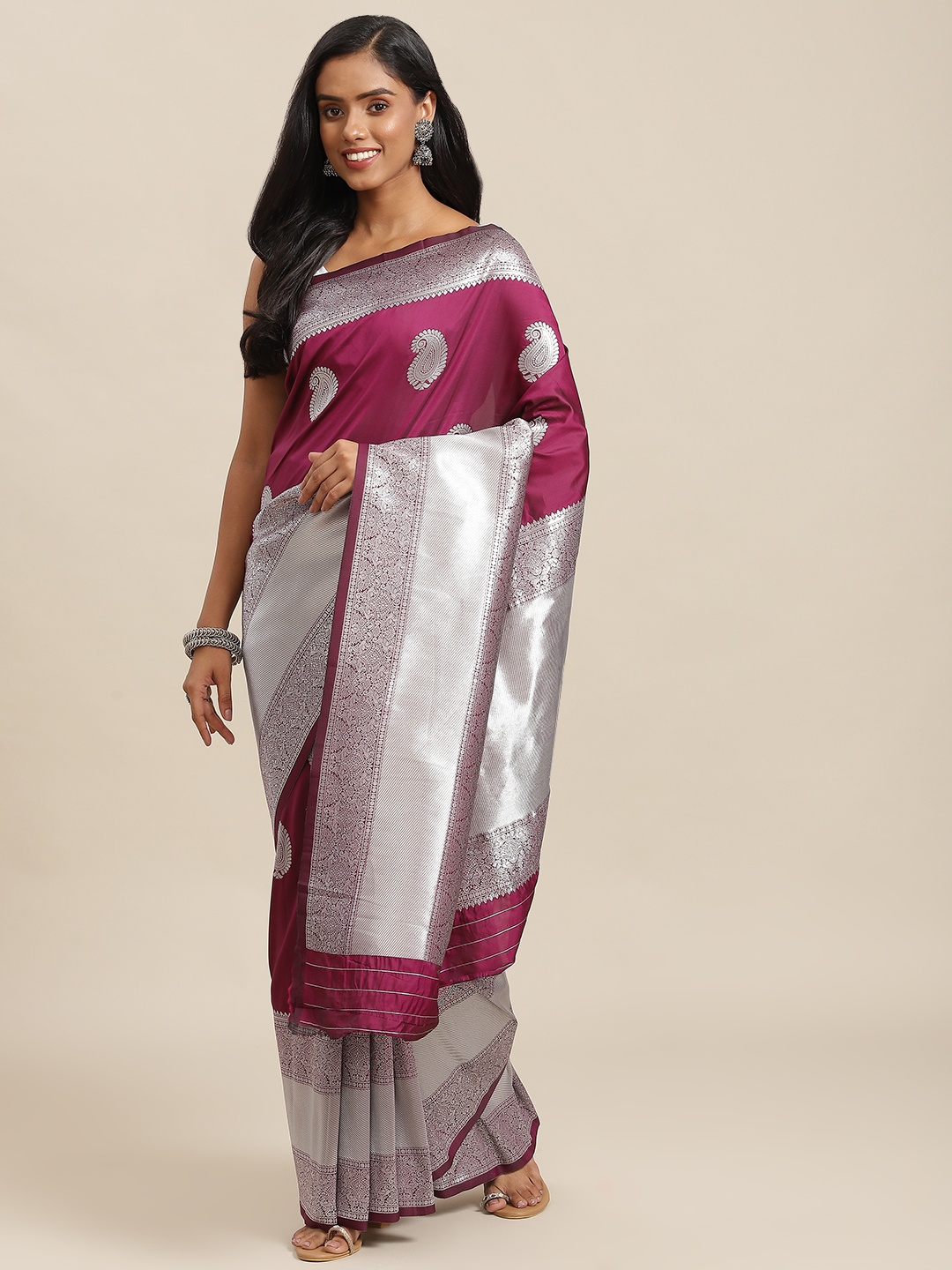 

SHOPGARB Purple & Silver Ethnic Motifs Zari Woven Design Banarasi Saree