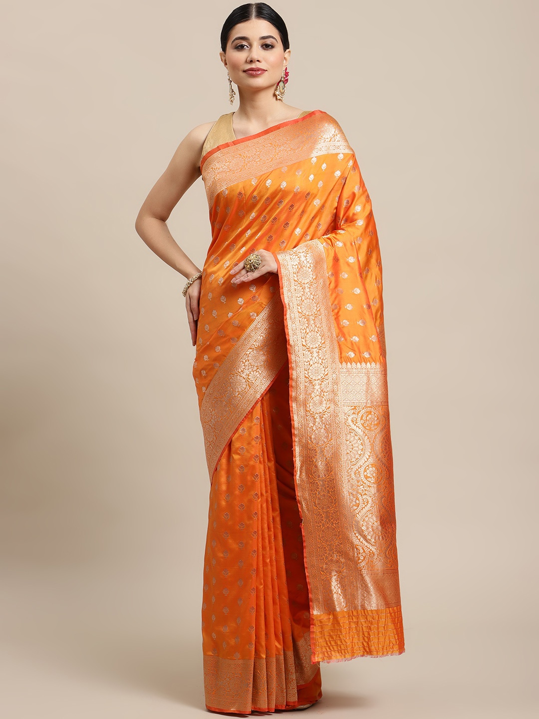 

SHOPGARB Mustard Yellow & Golden Ethnic Motifs Zari Silk Blend Banarasi Saree