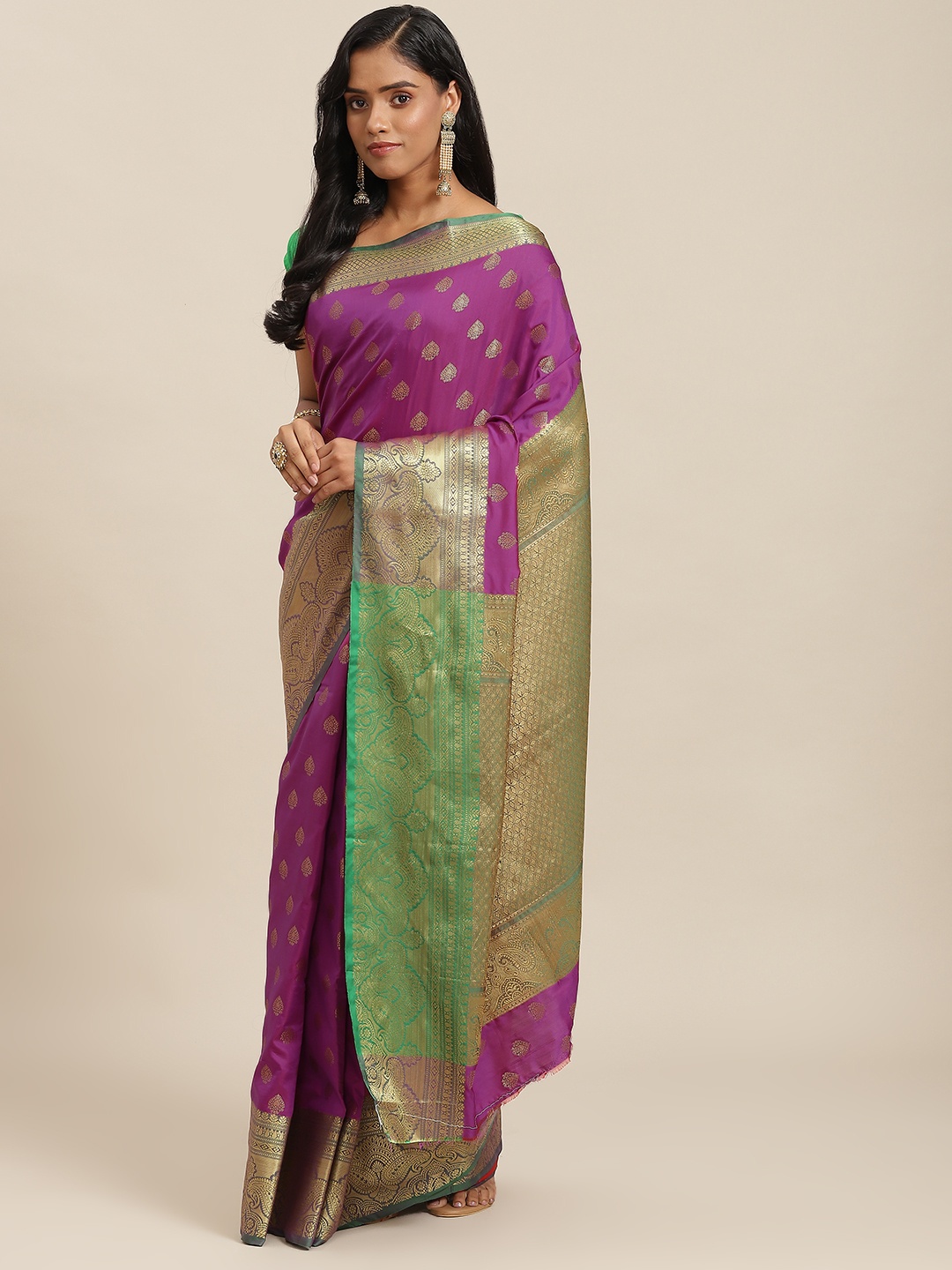 

SHOPGARB Purple & Green Ethnic Motifs Zari vWoven Design Banarasi Saree