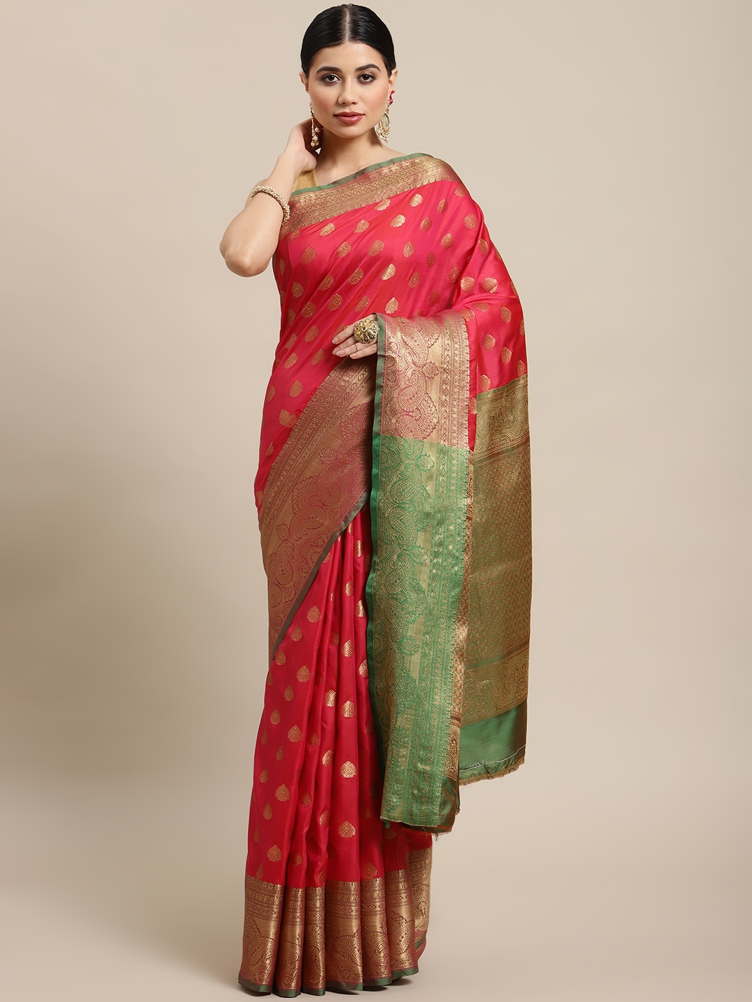 

SHOPGARB Pink & Golden Ethnic Motifs Zari Silk Blend Banarasi Saree
