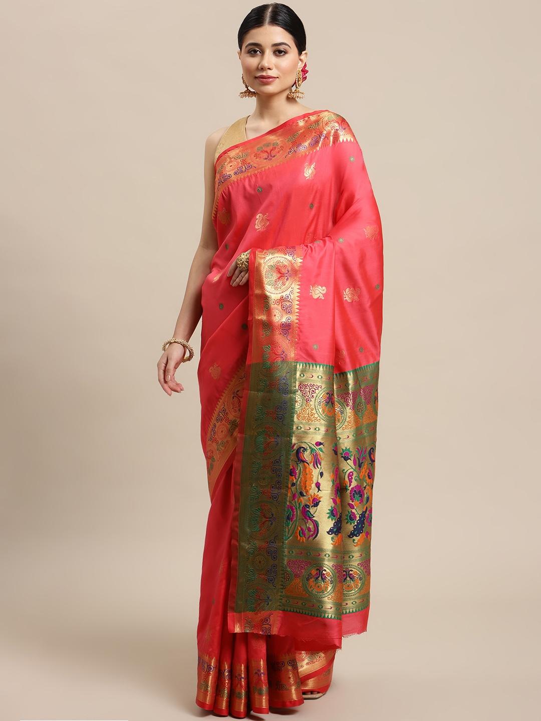 

SHOPGARB Pink & Golden Ethnic Motifs Zari Silk Blend Banarasi Saree