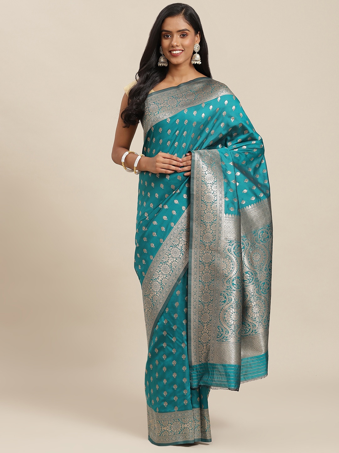 

SHOPGARB Blue & Silver Ethnic Motifs Zari Woven Design Banarasi Saree
