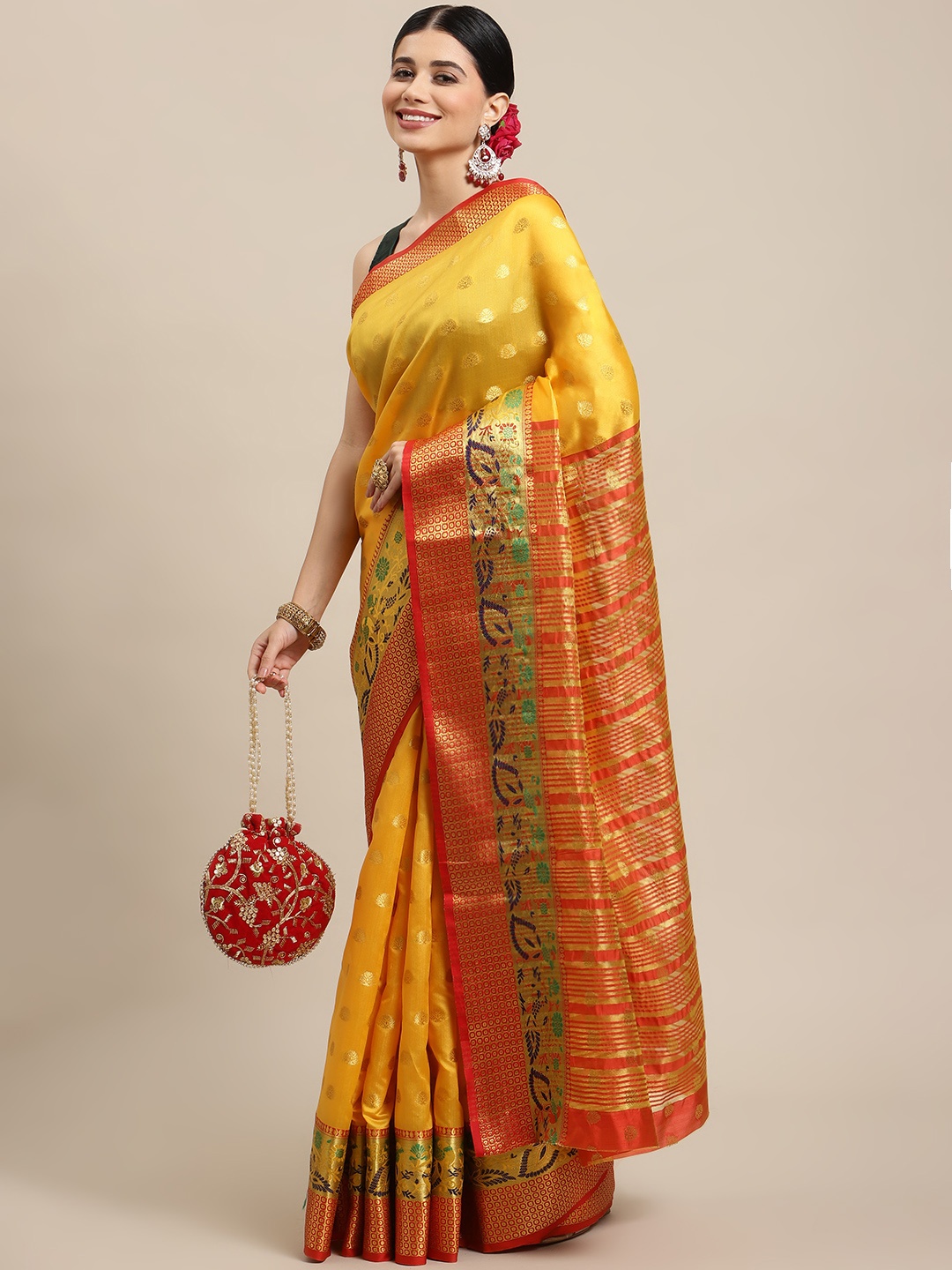 

SHOPGARB Yellow & Golden Ethnic Motifs Zari Silk Blend Banarasi Saree