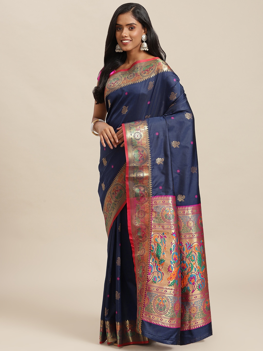 

SHOPGARB Navy Blue & Magenta Ethnic Motifs Zari Woven Design Banarasi Saree