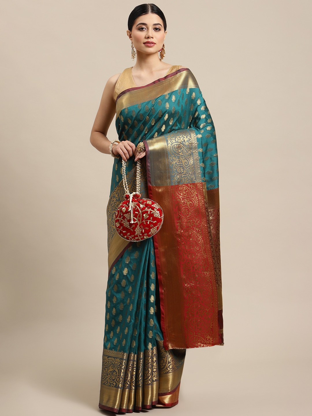 

SHOPGARB Blue & Maroon Ethnic Motifs Zari Woven Design Banarasi Saree