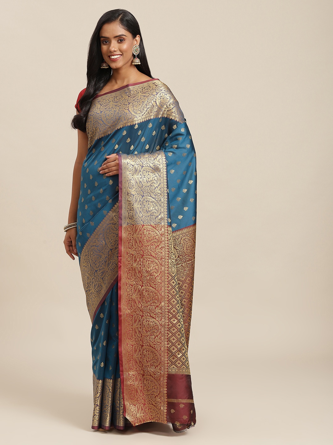 

SHOPGARB Blue & Brown Ethnic Motifs Zari Woven Design Banarasi Saree