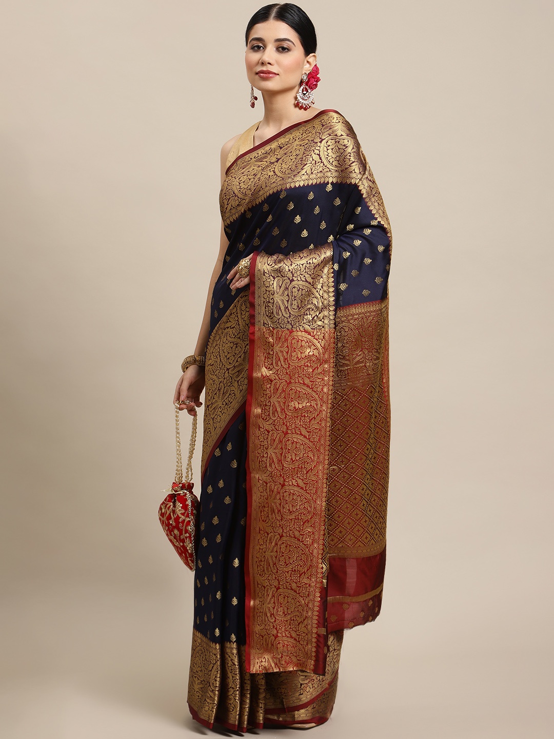 

SHOPGARB Blue & Golden Ethnic Motifs Zari Silk Blend Banarasi Saree