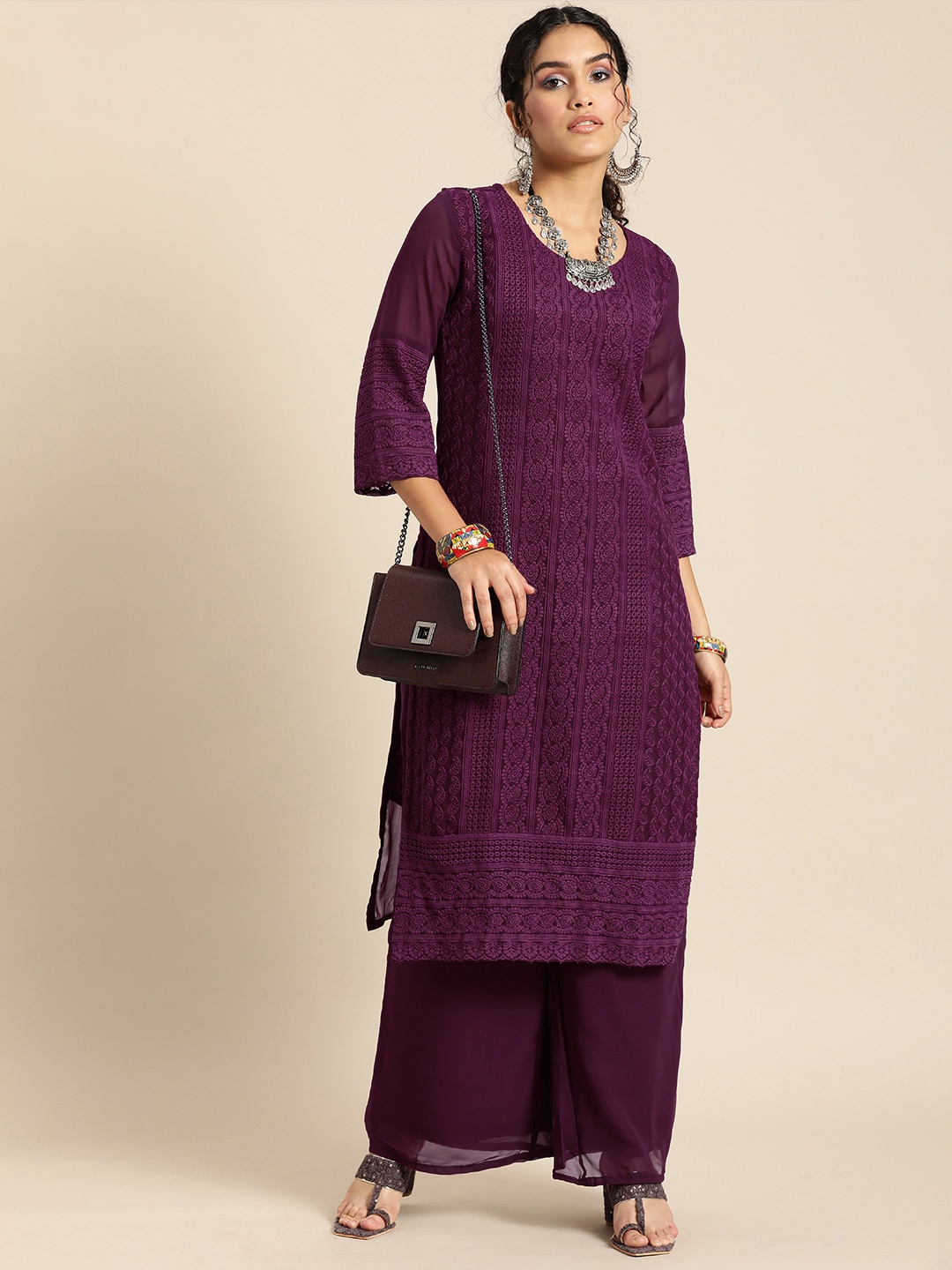 

Sangria Women Purple Ethnic Motifs Chikankari Kurta with Palazzos