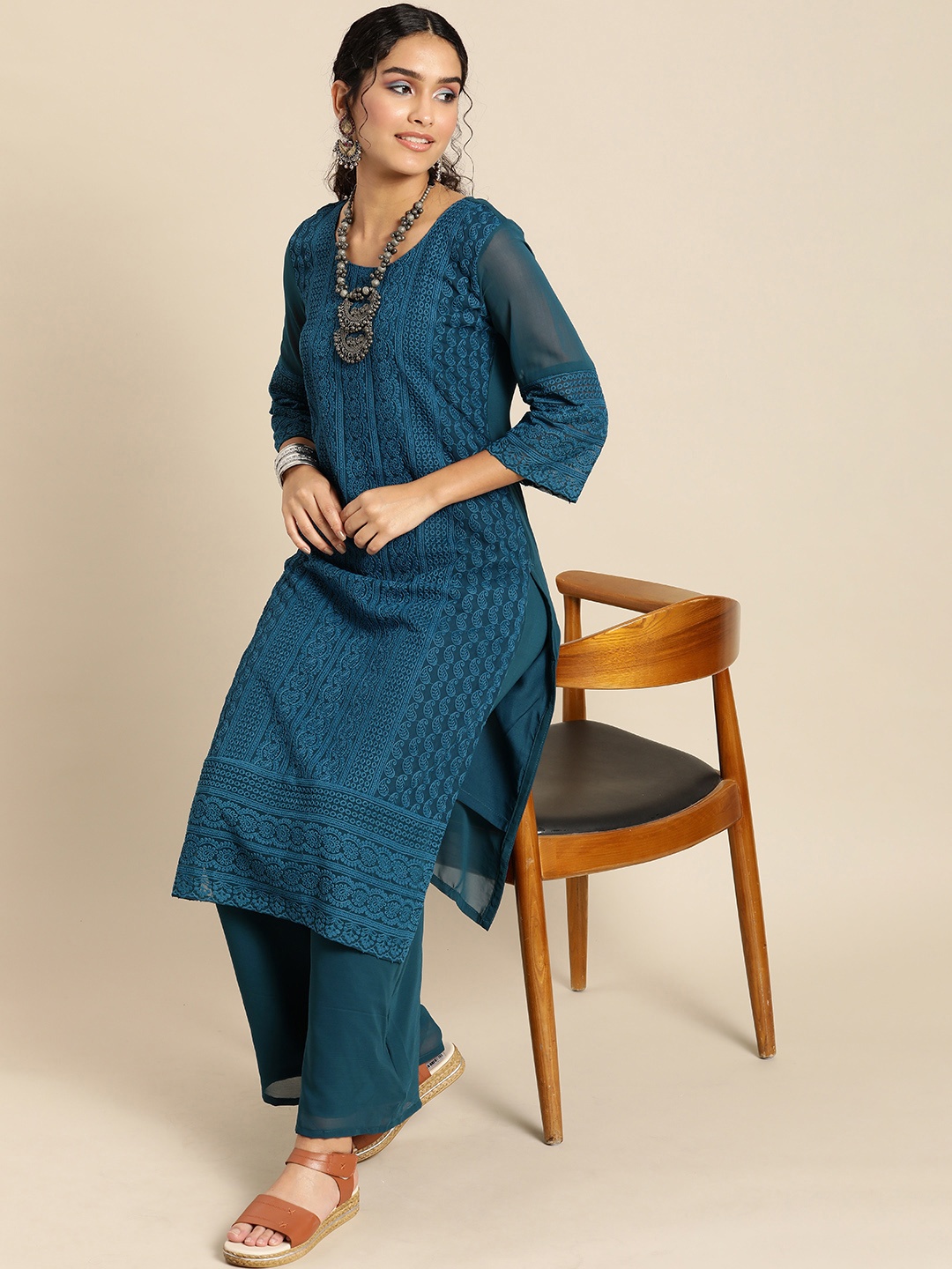 

Sangria Women Teal Blue Ethnic Motifs Chikankari Kurta with Palazzos
