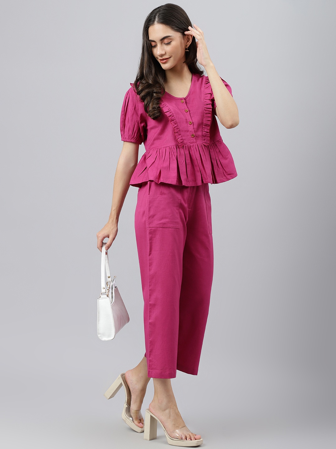 

DEEBACO Women Magenta Pink Solid Pure Cotton Co-Ords