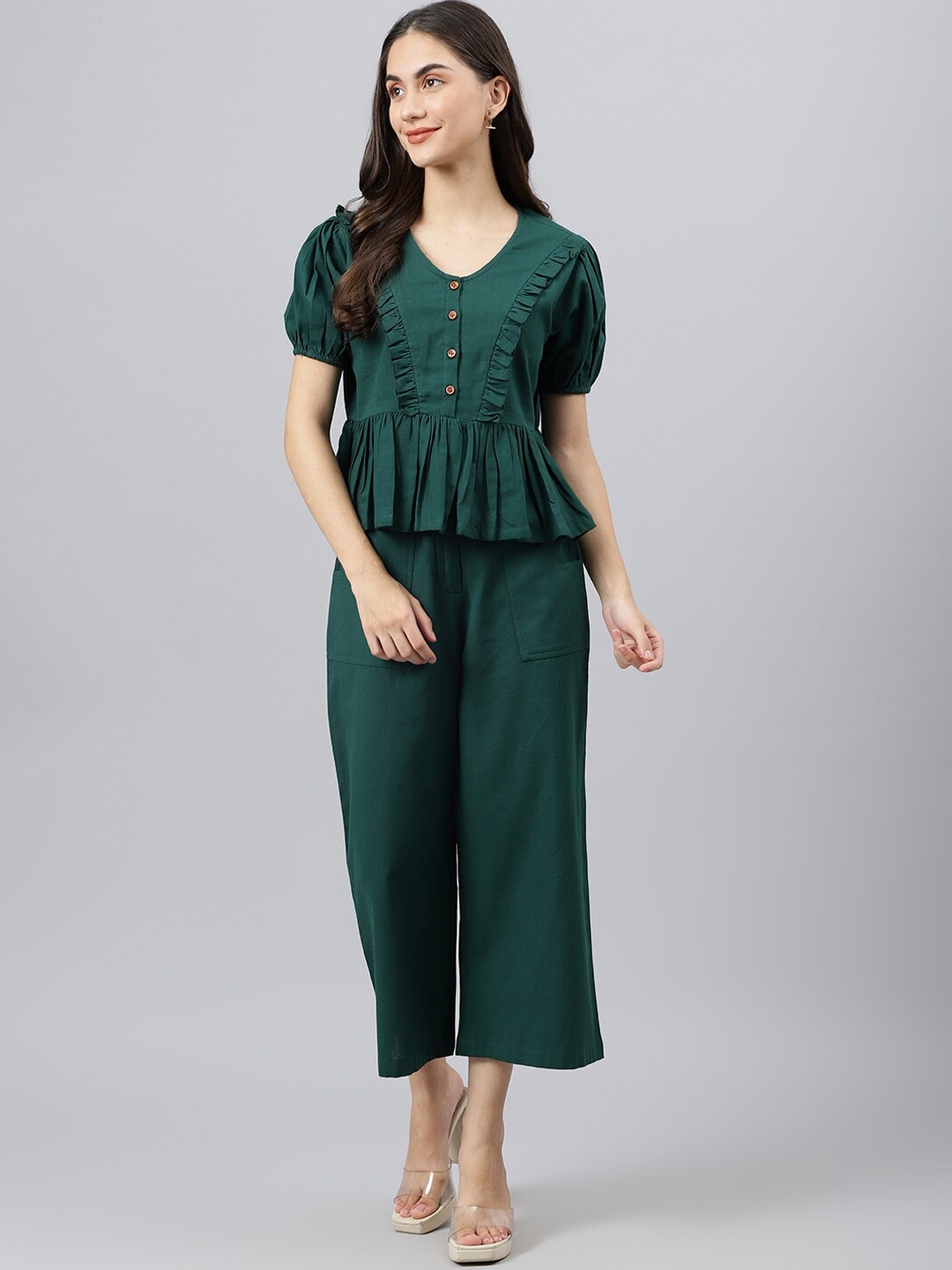 

DEEBACO Women Green Solid Pure Cotton Co-Ords