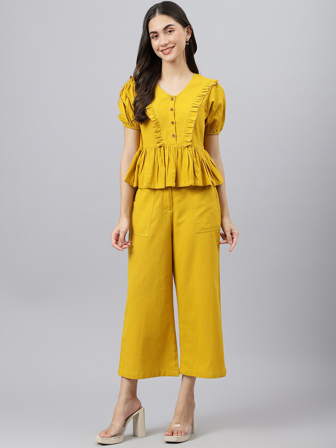 

DEEBACO Women Yellow Solid Cotton Co-Ords