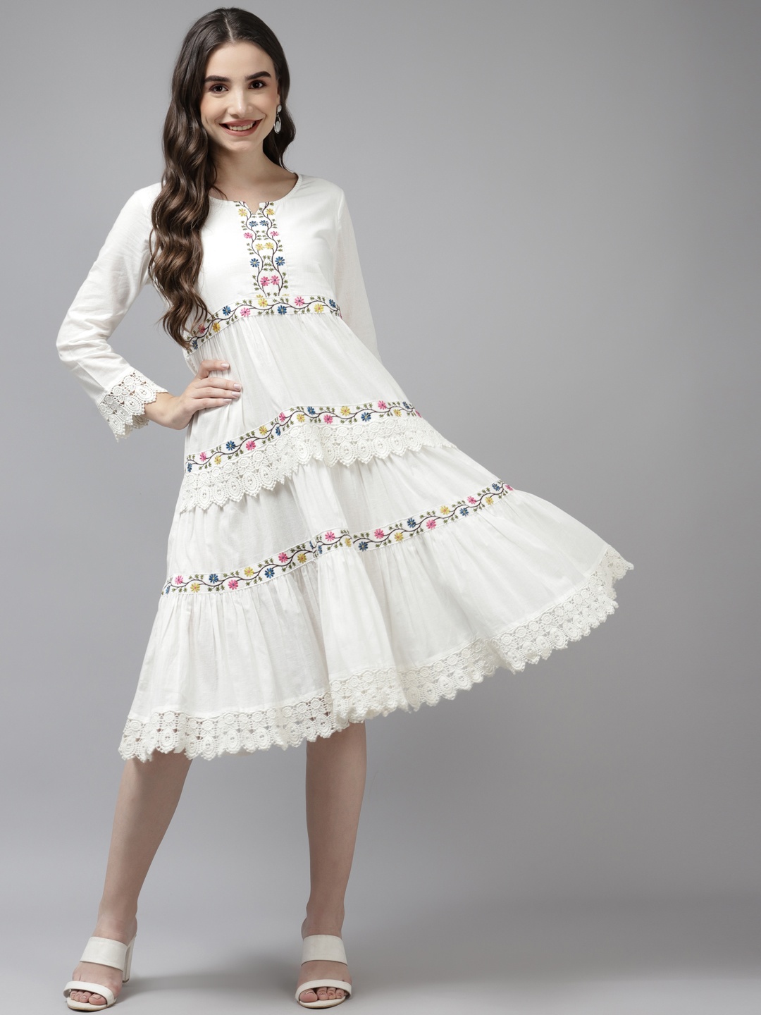 

Prakrti Off White & Pink Floral Embroidered Tiered Pure Cotton A-Line Midi Dress