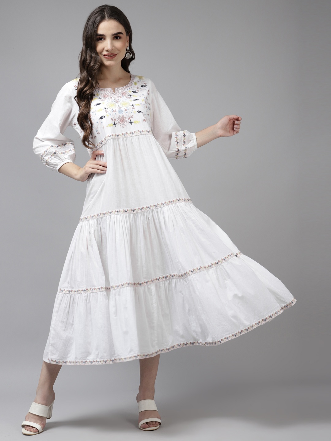 

Prakrti White Ethnic Motifs Embroidered Yoke Design Tiered Pure Cotton Ethnic Dress
