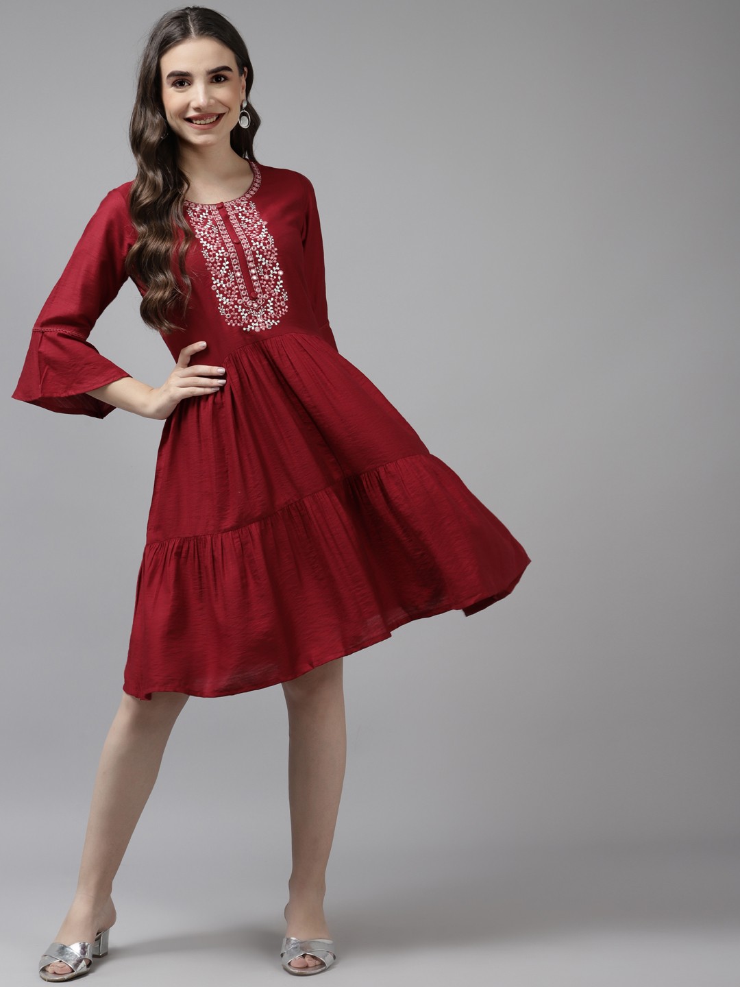 

Prakrti Maroon Ethnic Motifs Embroidered Yoke Design Ethnic Dress