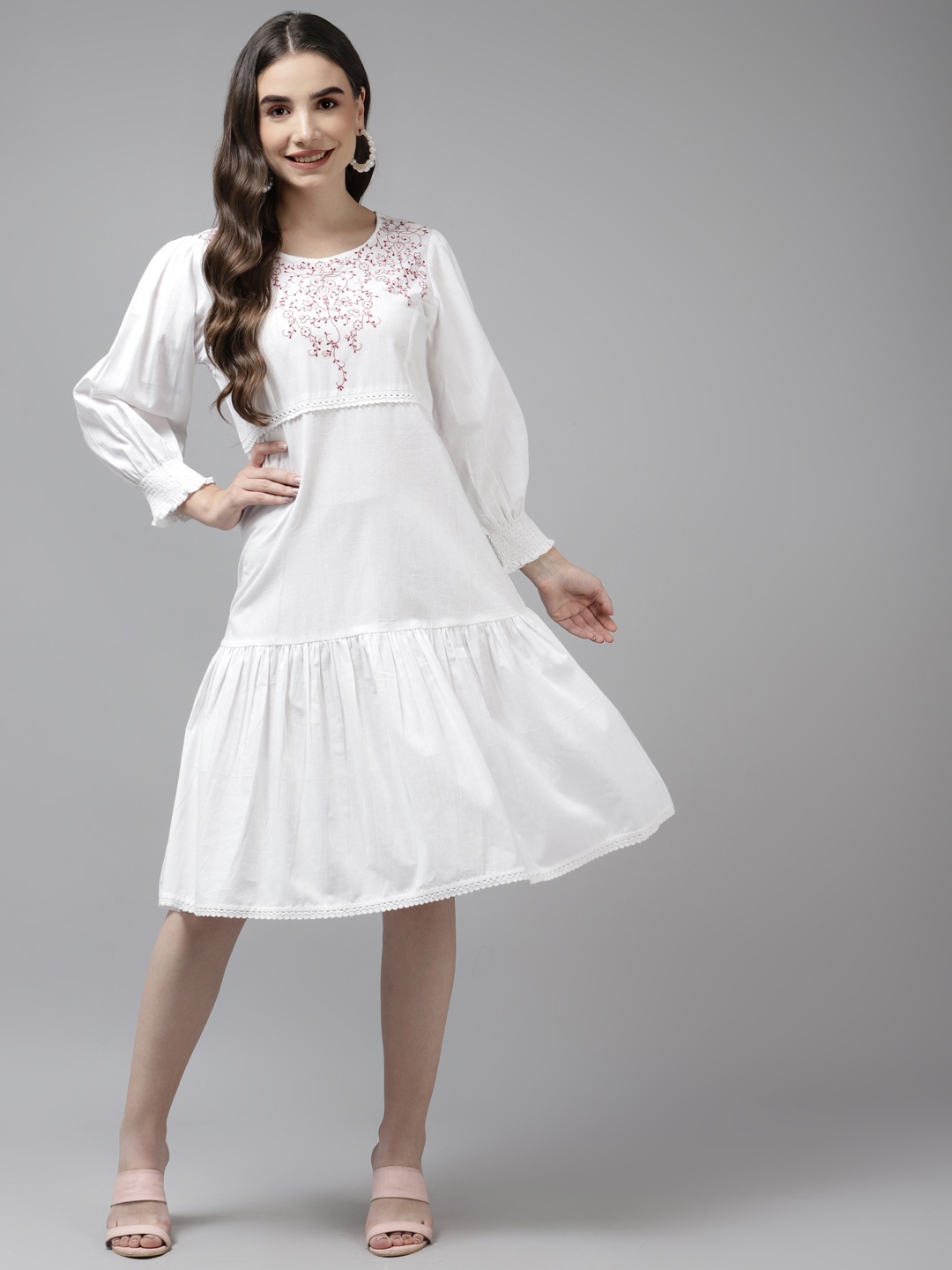 

Prakrti White Ethnic Motifs Embroidered Pure Cotton A-Line Midi Dress