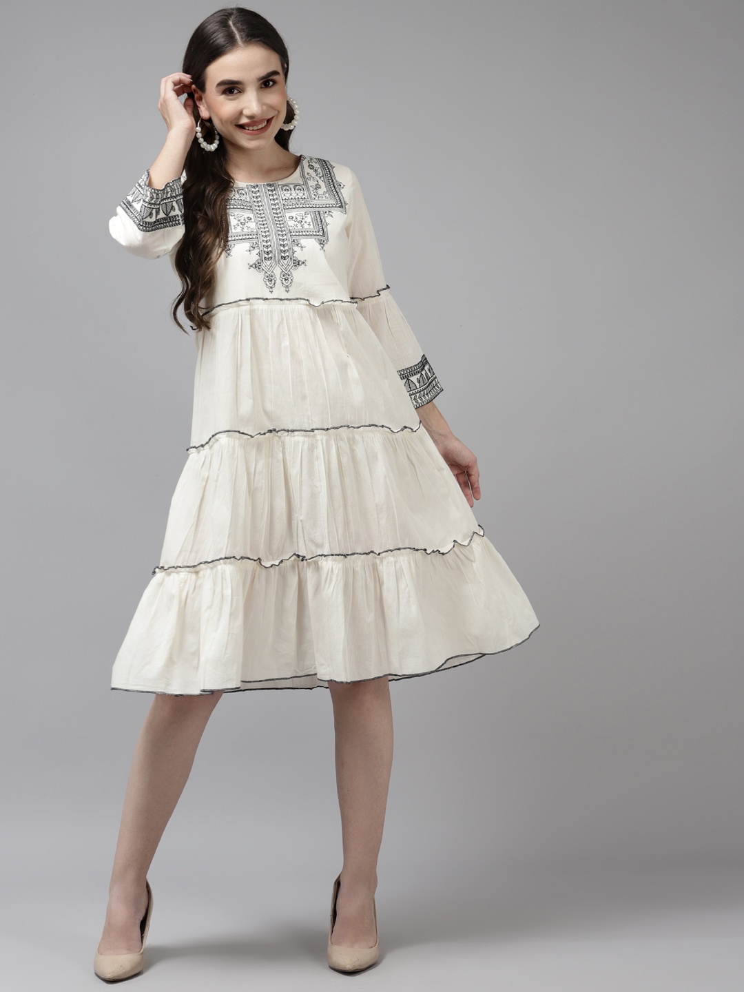 

Prakrti Cream-Coloured & Black Ethnic Motifs Woven Design Tiered Cotton A-Line Midi Dress