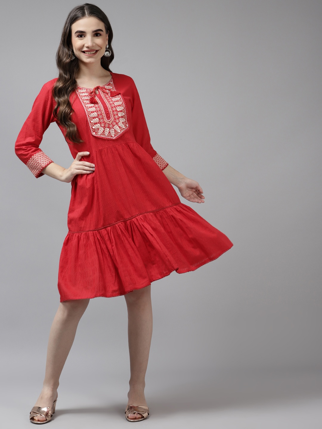 

Prakrti Red Ethnic Motifs Embroidered Yoke Design Ethnic Dress